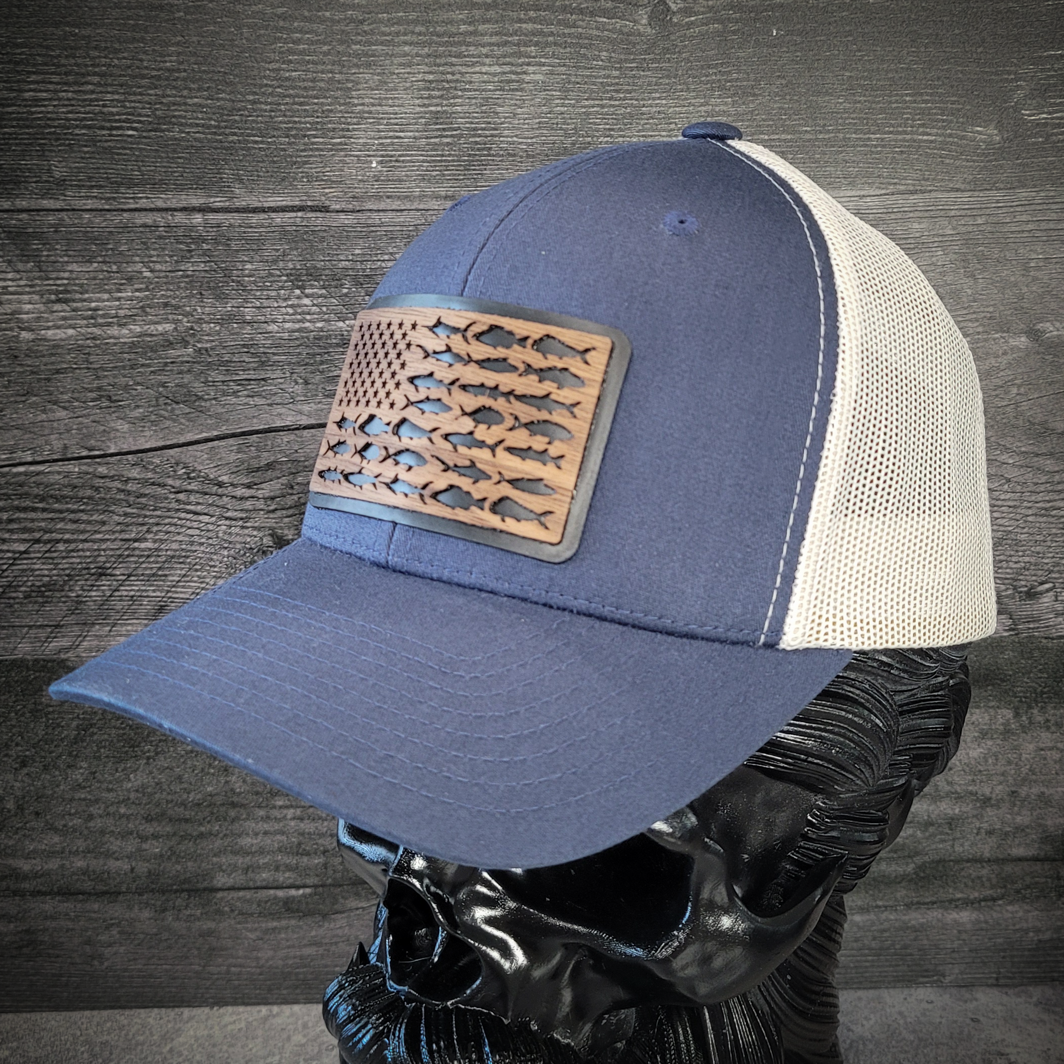 🎣 The American Angler – Wooden Patch Trucker Hat