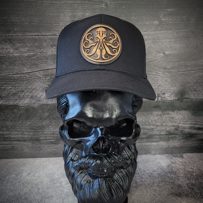 🐙 Octopus Wooden Patch Trucker Hat – Handcrafted Hardwood Statement Gear
