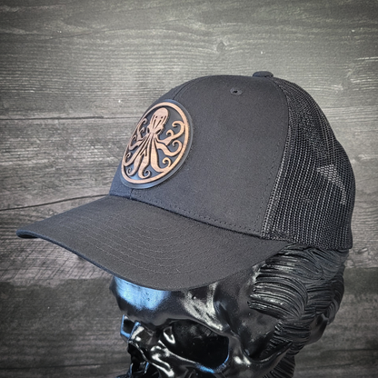🐙 Octopus Wooden Patch Trucker Hat – Handcrafted Hardwood Statement Gear