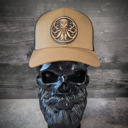 🐙 Octopus Wooden Patch Trucker Hat – Handcrafted Hardwood Statement Gear