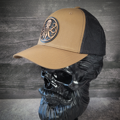 🐙 Octopus Wooden Patch Trucker Hat – Handcrafted Hardwood Statement Gear