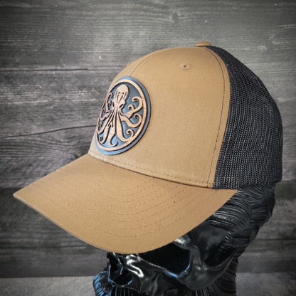 🐙 Octopus Wooden Patch Trucker Hat – Handcrafted Hardwood Statement Gear