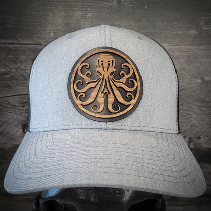 🐙 Octopus Wooden Patch Trucker Hat – Handcrafted Hardwood Statement Gear