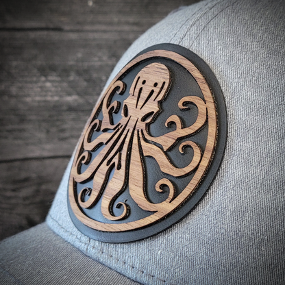 🐙 Octopus Wooden Patch Trucker Hat – Handcrafted Hardwood Statement Gear