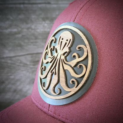 🐙 Octopus Wooden Patch Trucker Hat – Handcrafted Hardwood Statement Gear