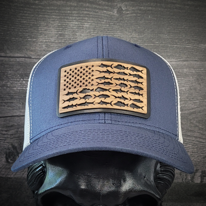 🎣 The American Angler – Wooden Patch Trucker Hat