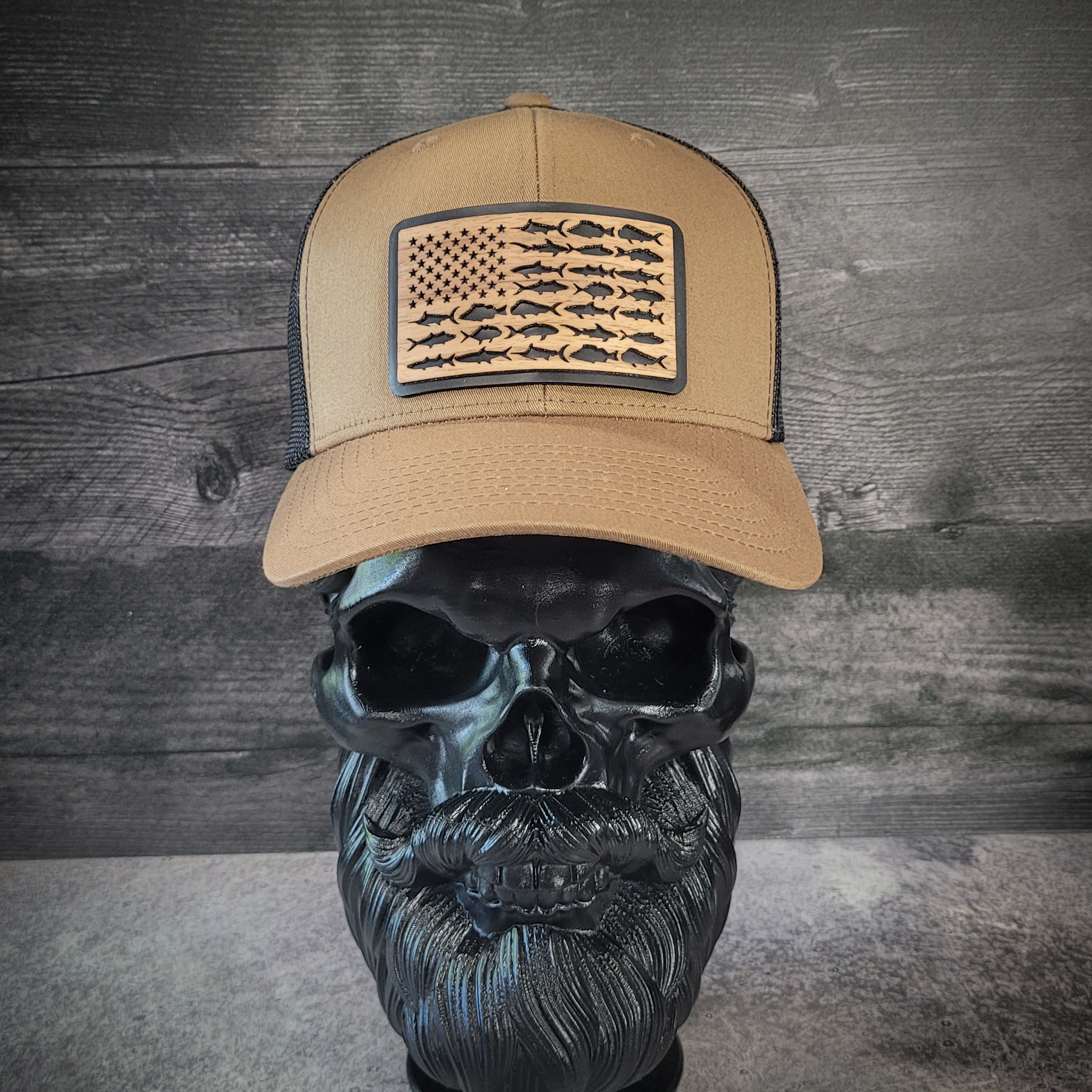 🎣 The American Angler – Wooden Patch Trucker Hat