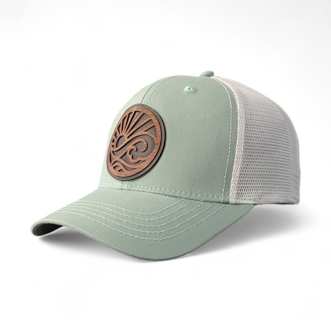 🌅 Sunrise State of Mind – Women’s Ponytail Hat – Sunrise Wooden Patch Hat