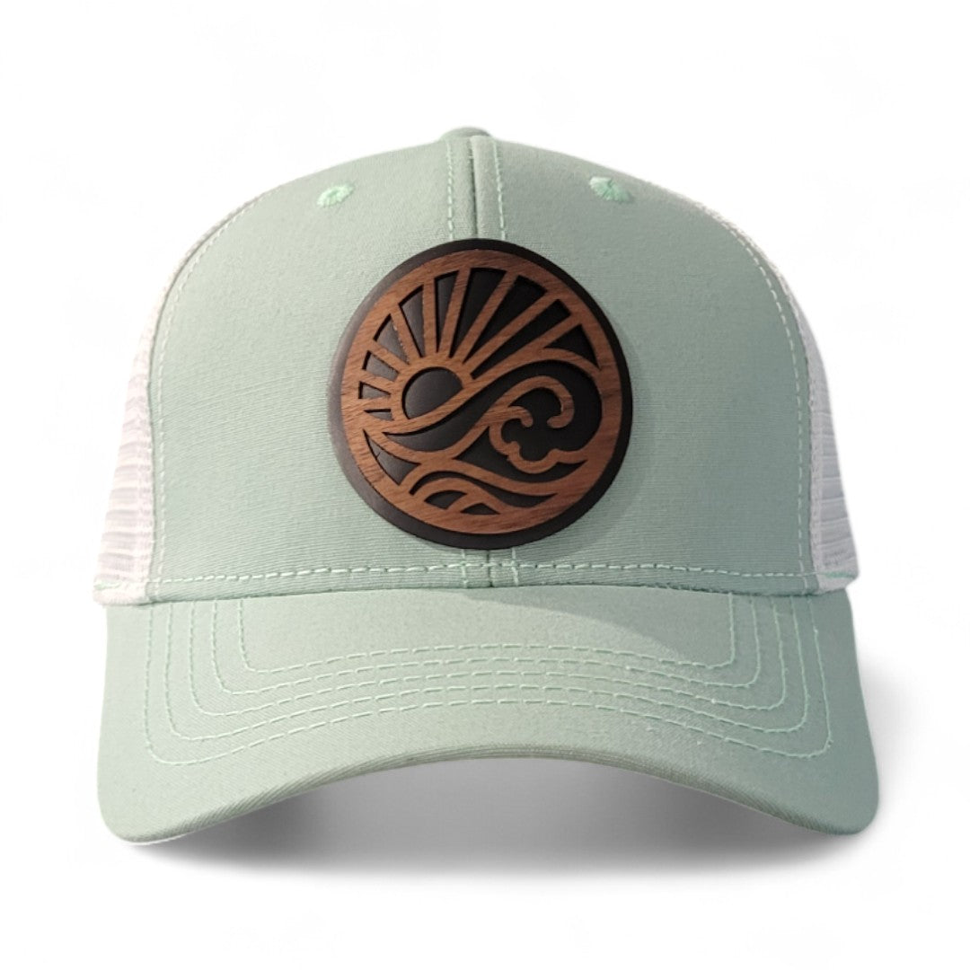 🌅 Sunrise State of Mind – Women’s Ponytail Hat – Sunrise Wooden Patch Hat