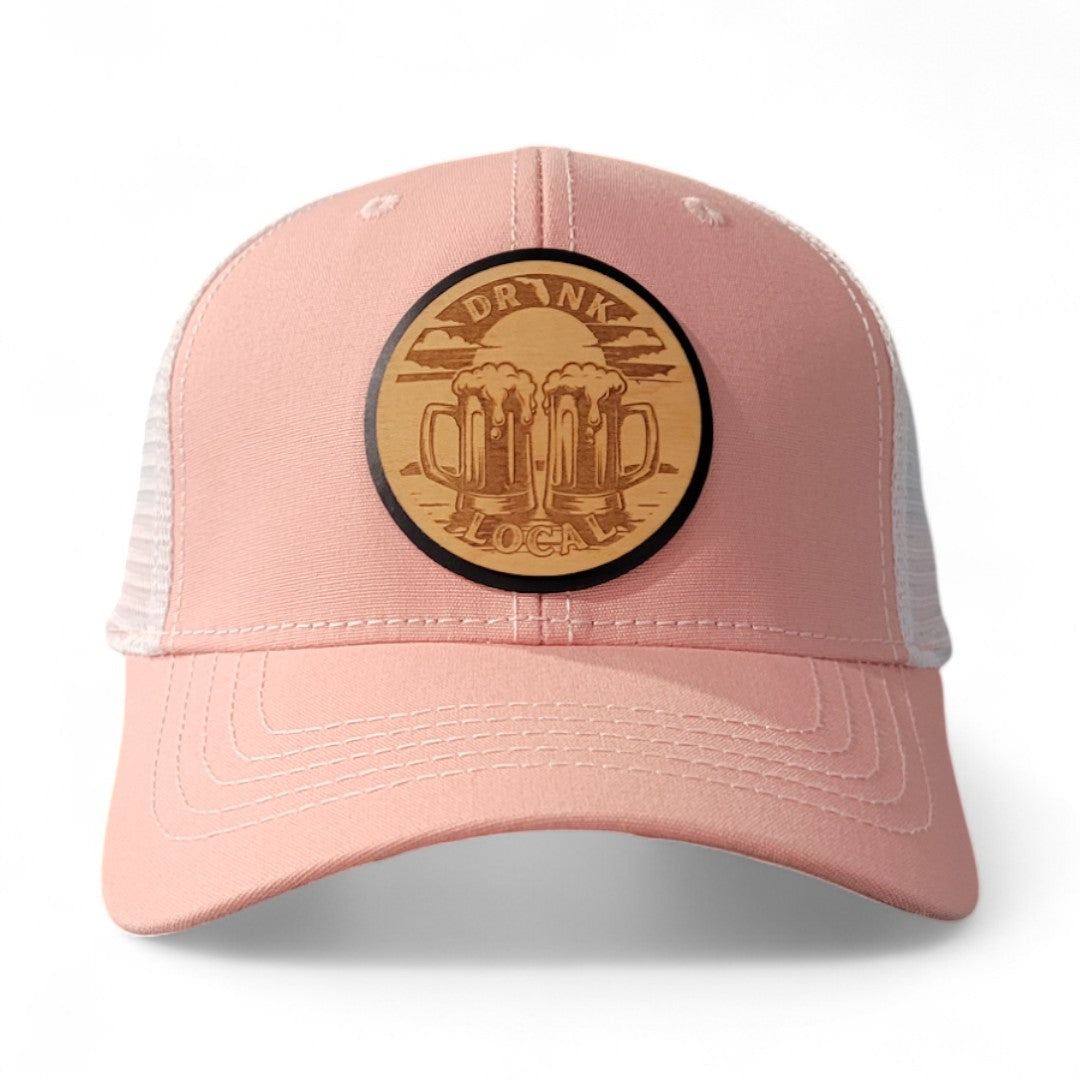 🍻Drink Local Women’s Ponytail Trucker Hat – Wooden Patch Hat