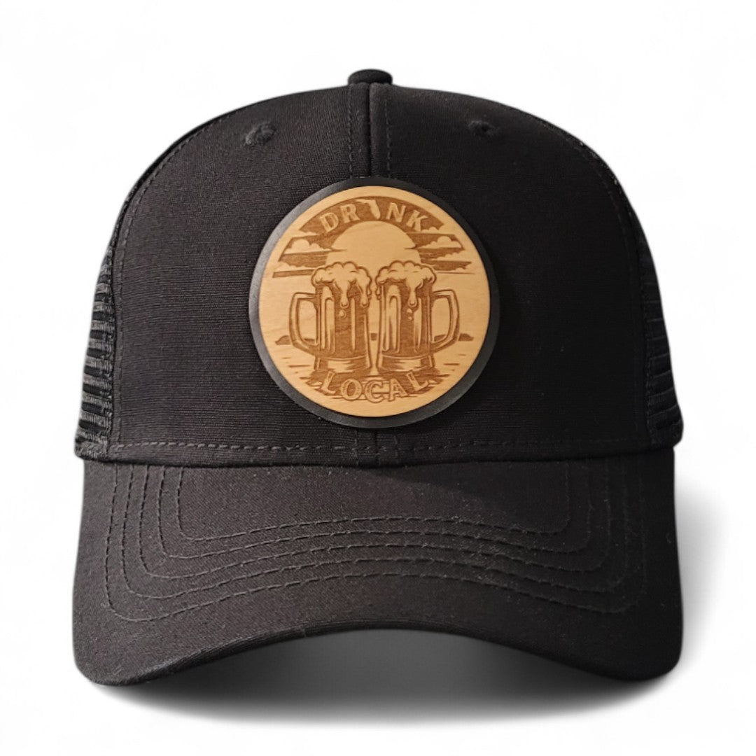 🍻Drink Local Women’s Ponytail Trucker Hat – Wooden Patch Hat