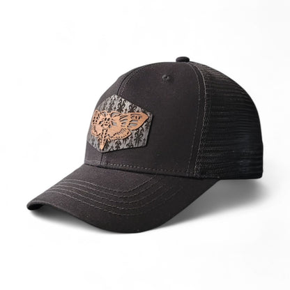 🦋Midnight Moth – Women’s Ponytail Hat – Wooden Patch Hat