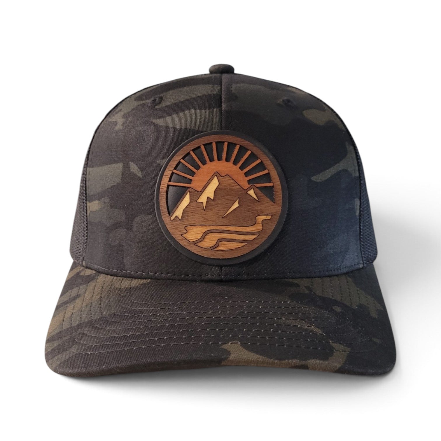 Mountain Escape - Layered Wooden Patch Trucker Hat