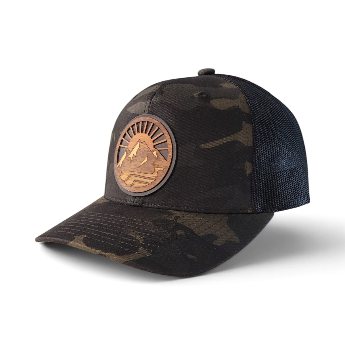 Mountain Escape - Layered Wooden Patch Trucker Hat