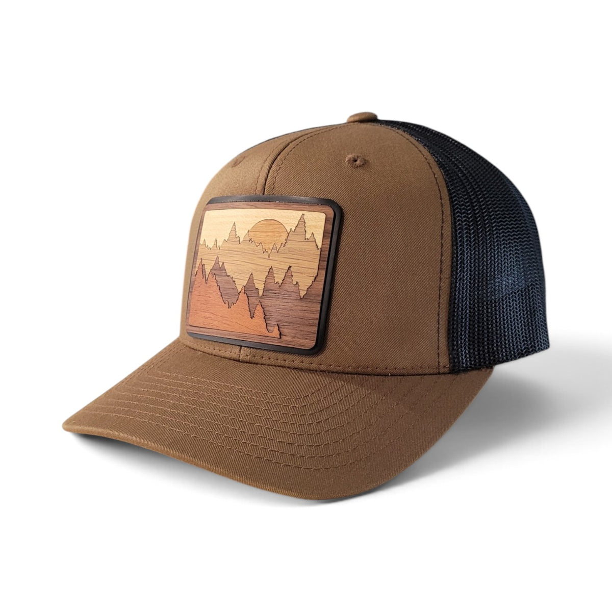 The Great Outdoors – Layered Mountain Wooden Patch Trucker Hat