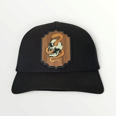 Death Coil – Glow-in-the-Dark Skull & Snake Wooden Patch Hat