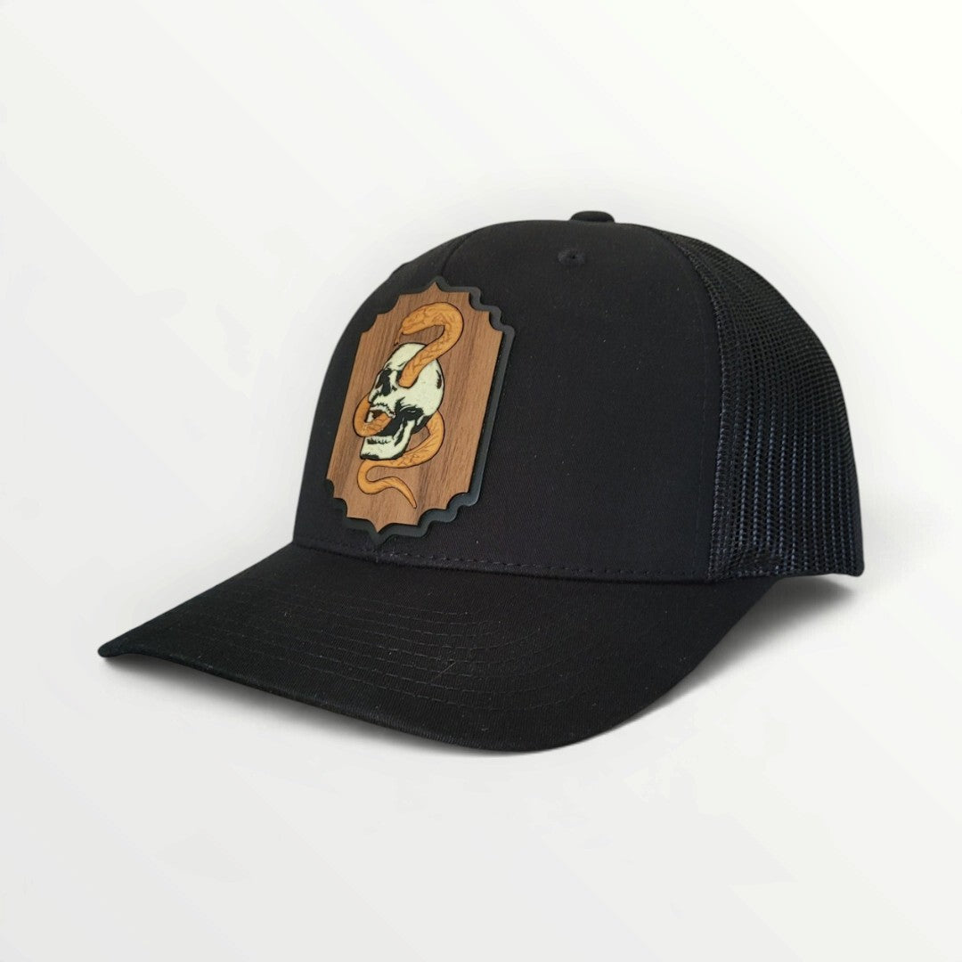 Death Coil – Glow-in-the-Dark Skull & Snake Wooden Patch Hat