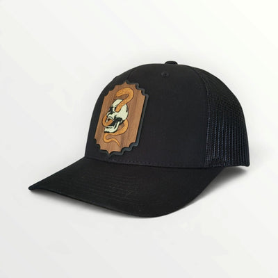 Death Coil – Glow-in-the-Dark Skull & Snake Wooden Patch Hat