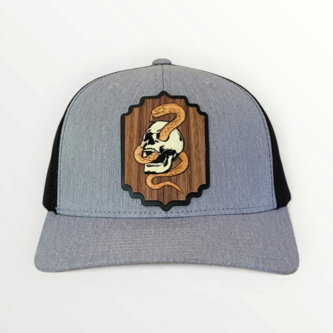 Death Coil – Glow-in-the-Dark Skull & Snake Wooden Patch Hat