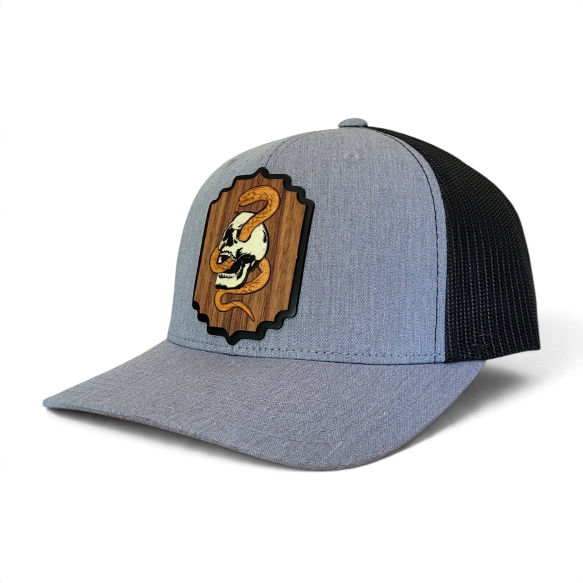 Death Coil – Glow-in-the-Dark Skull & Snake Wooden Patch Hat