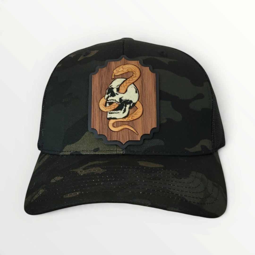 Death Coil – Glow-in-the-Dark Skull & Snake Wooden Patch Hat