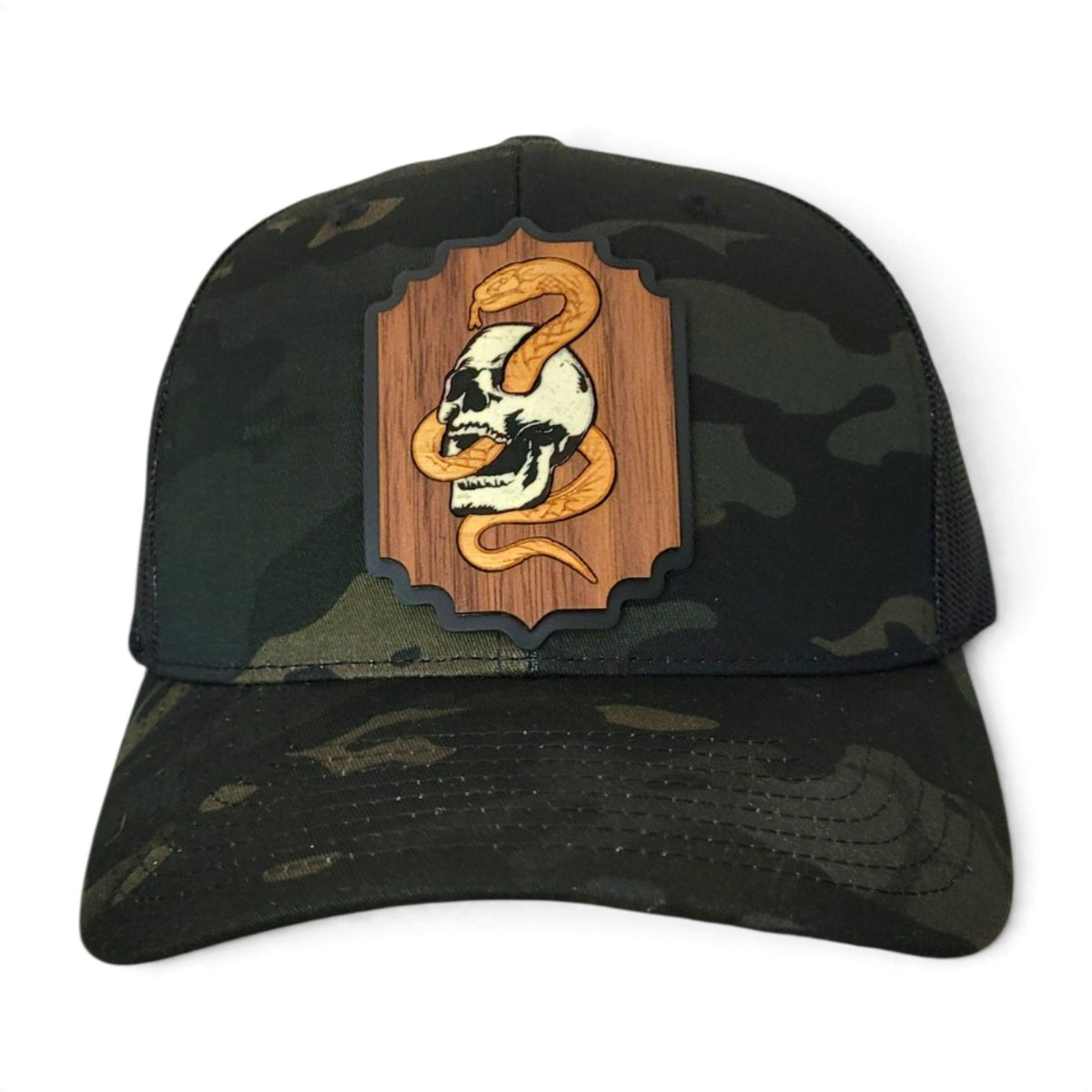 Death Coil – Glow-in-the-Dark Skull & Snake Wooden Patch Hat