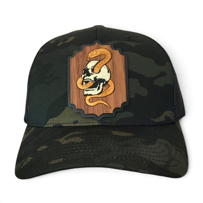 Death Coil – Glow-in-the-Dark Skull & Snake Wooden Patch Hat