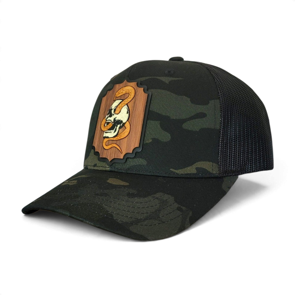 Death Coil – Glow-in-the-Dark Skull & Snake Wooden Patch Hat