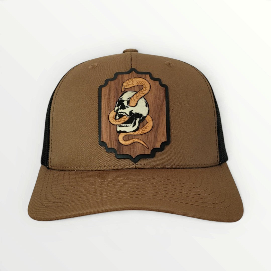 Death Coil – Glow-in-the-Dark Skull & Snake Wooden Patch Hat
