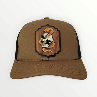 Death Coil – Glow-in-the-Dark Skull & Snake Wooden Patch Hat