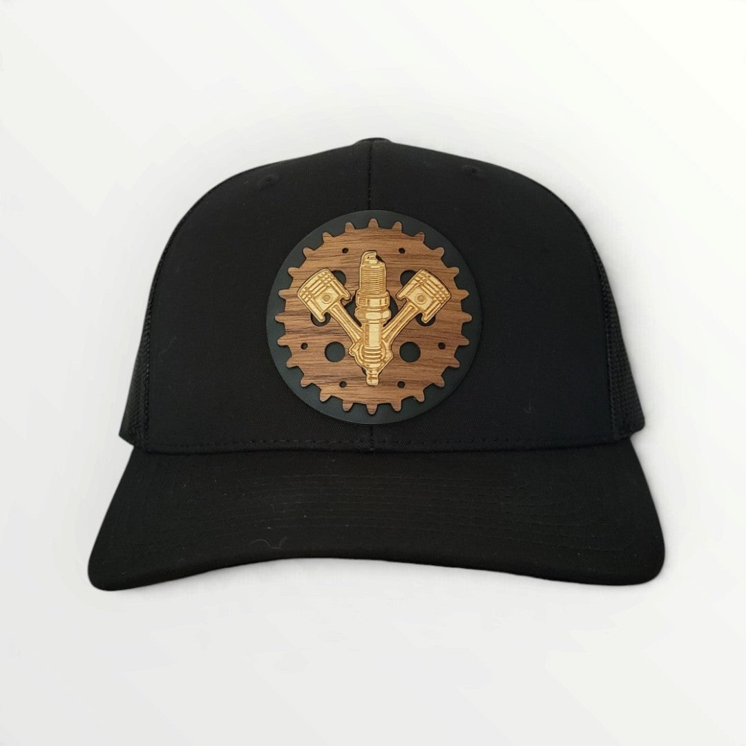Full Throttle – Piston & Spark Plug Wooden Patch Hat