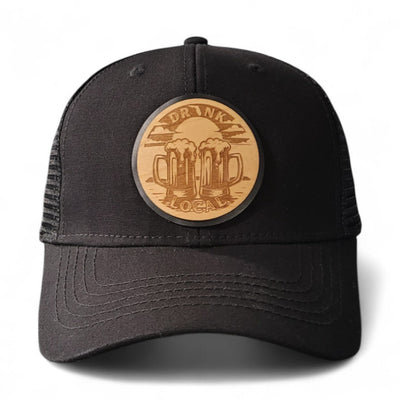 Drink Local Women’s Ponytail Trucker Wooden Patch Hat - 4 Arrows Creations