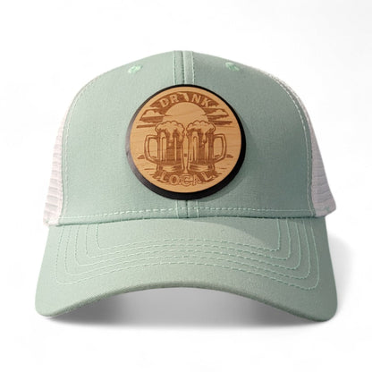 Drink Local Women’s Ponytail Trucker Wooden Patch Hat - 4 Arrows Creations
