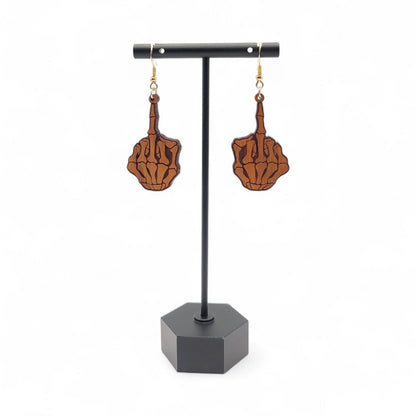 Flippin' Dead – Skeleton Middle Finger Wood Earrings - 4 Arrows Creations