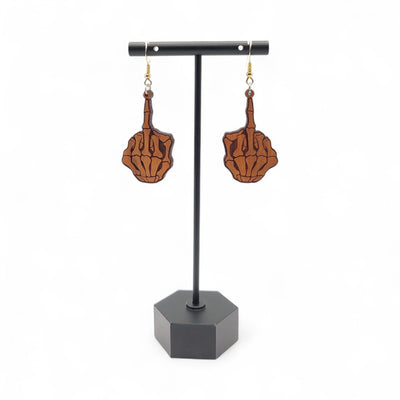 Flippin' Dead – Skeleton Middle Finger Wood Earrings - 4 Arrows Creations