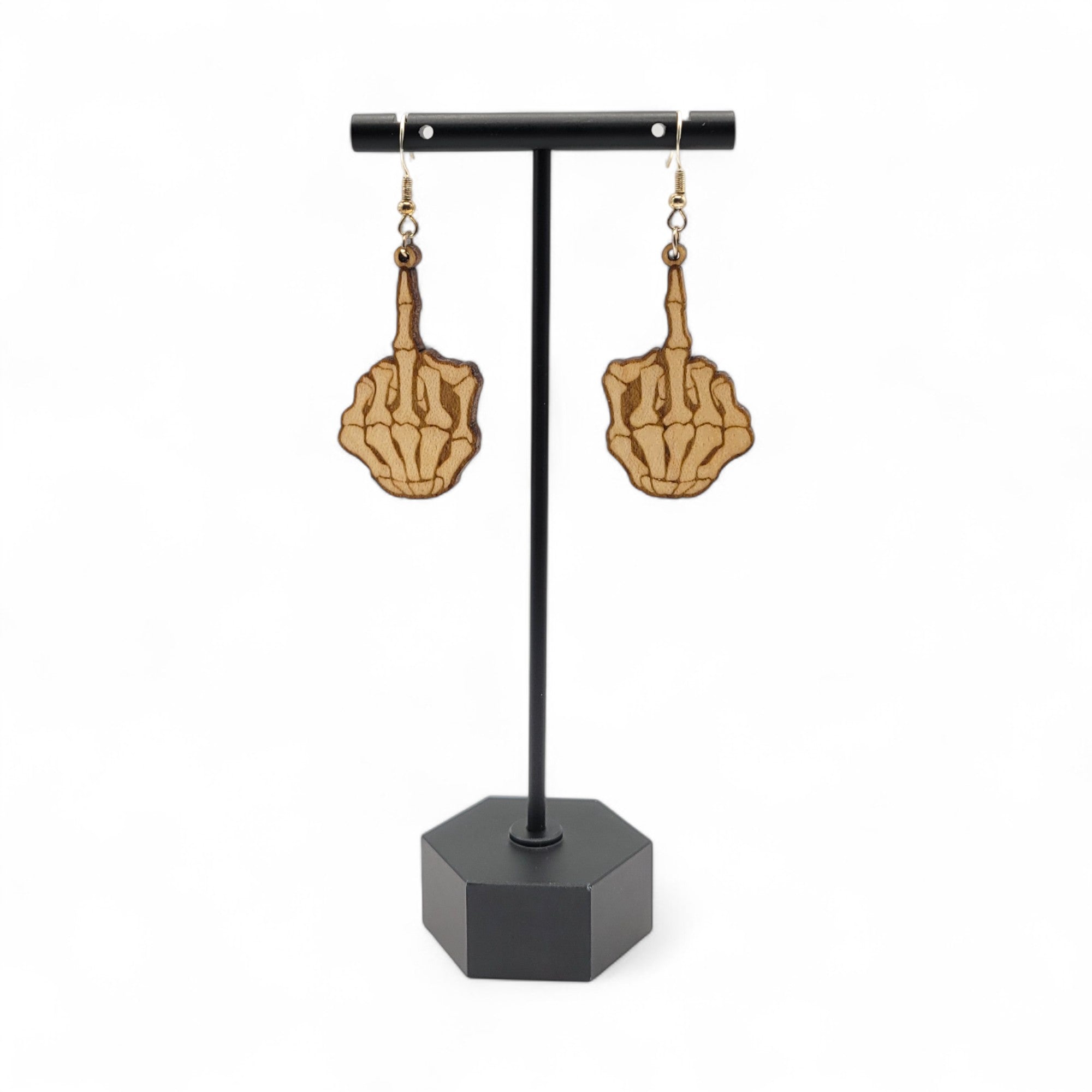Flippin' Dead – Skeleton Middle Finger Wood Earrings - 4 Arrows Creations