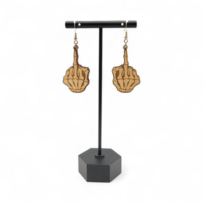 Flippin' Dead – Skeleton Middle Finger Wood Earrings - 4 Arrows Creations