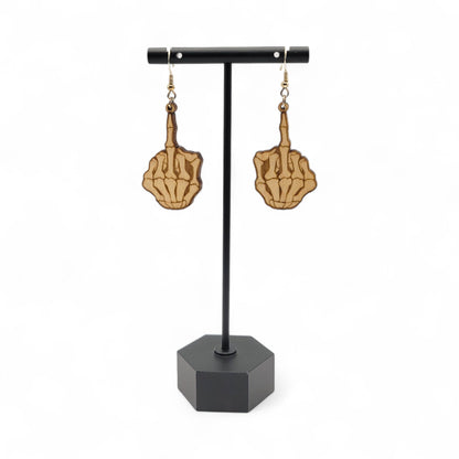 Flippin' Dead – Skeleton Middle Finger Wood Earrings - 4 Arrows Creations
