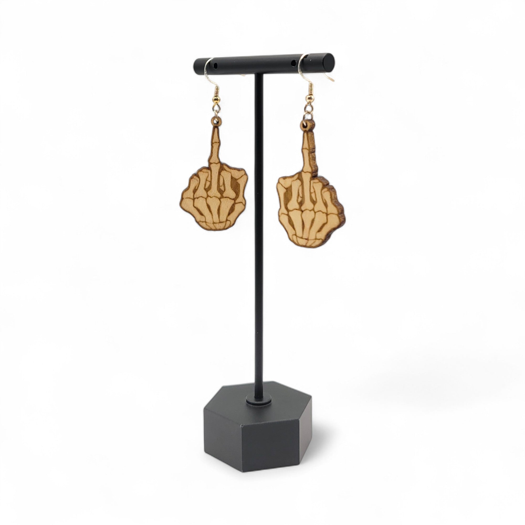 Flippin' Dead – Skeleton Middle Finger Wood Earrings - 4 Arrows Creations