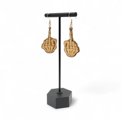 Flippin' Dead – Skeleton Middle Finger Wood Earrings - 4 Arrows Creations