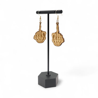 Flippin' Dead – Skeleton Middle Finger Wood Earrings - 4 Arrows Creations