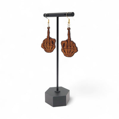 Flippin' Dead – Skeleton Middle Finger Wood Earrings - 4 Arrows Creations