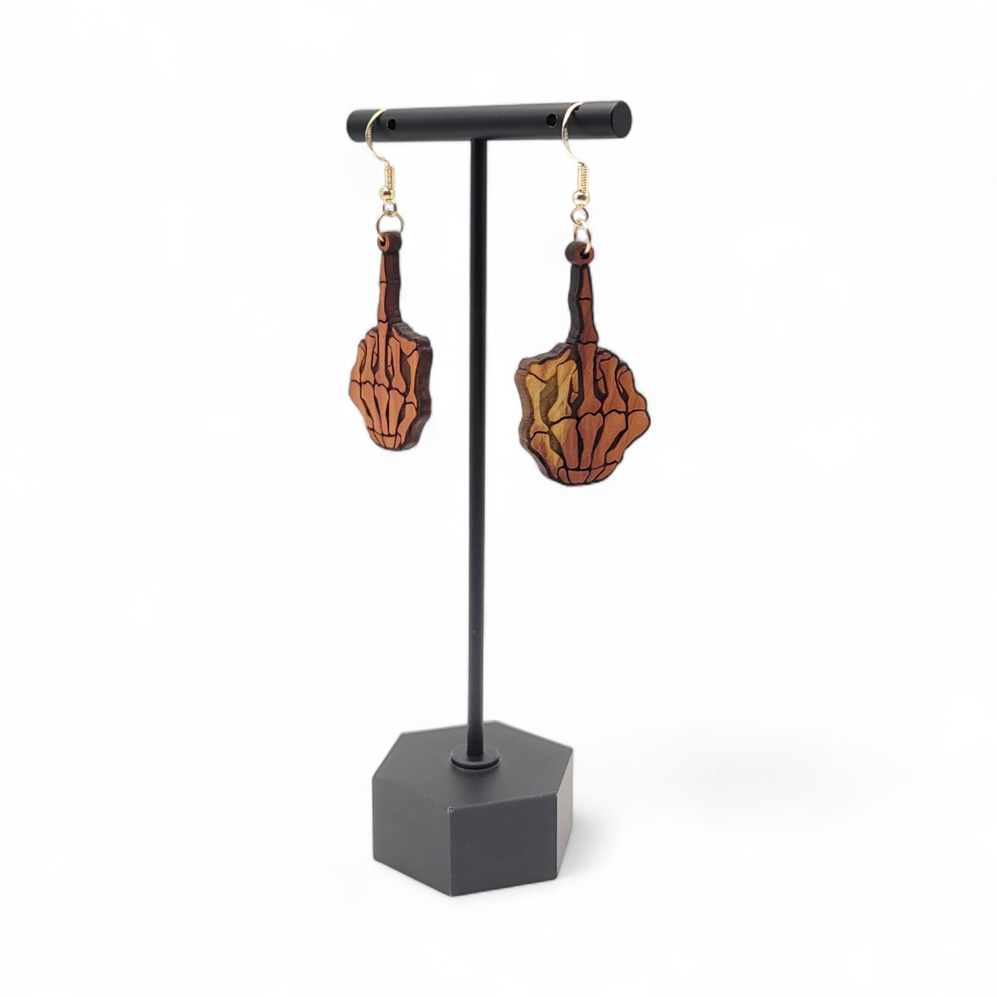 Flippin' Dead – Skeleton Middle Finger Wood Earrings - 4 Arrows Creations