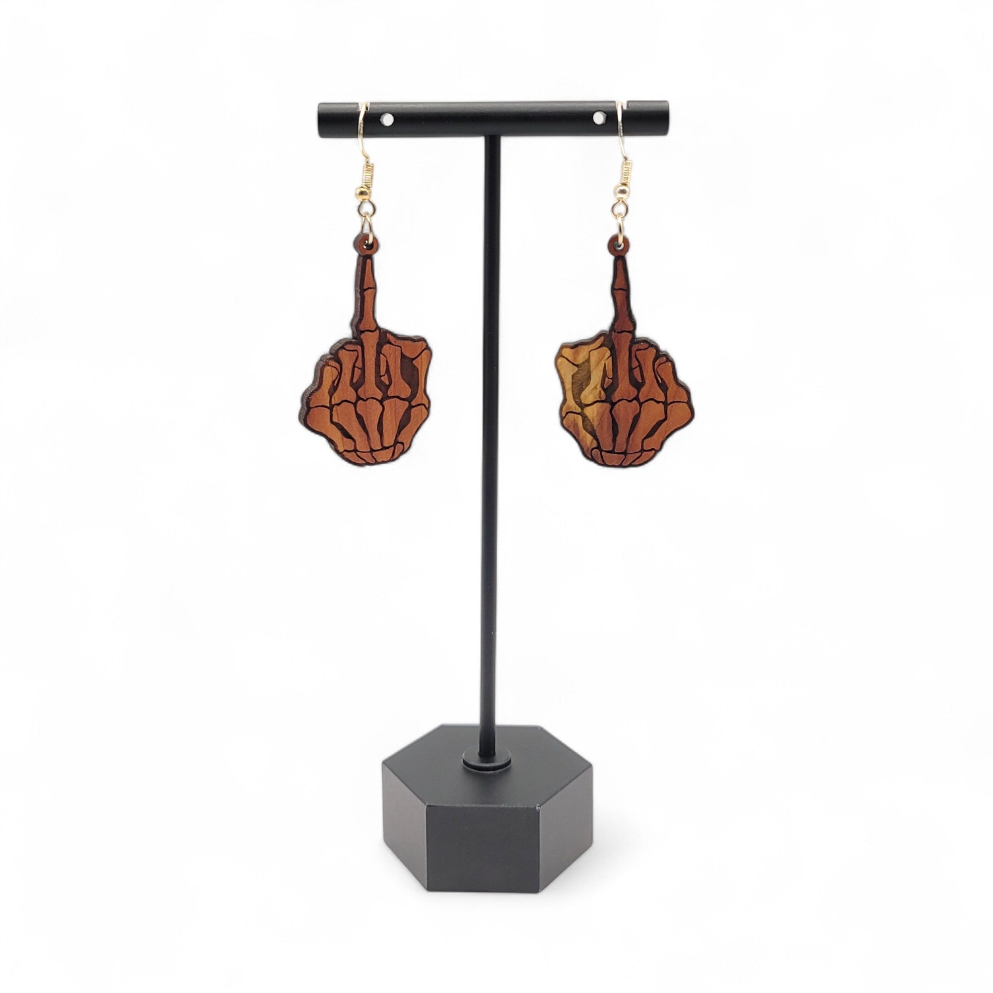 Flippin' Dead – Skeleton Middle Finger Wood Earrings - 4 Arrows Creations