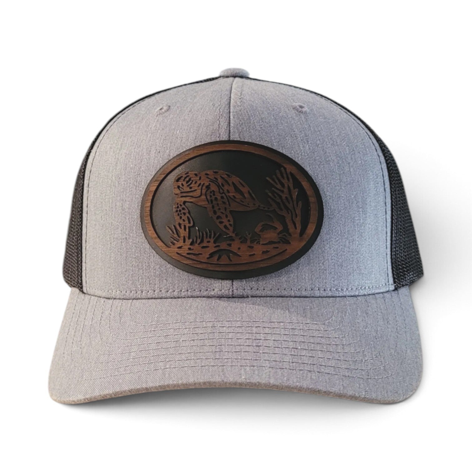 The Shell Seeker | Sea Turtle Wooden Patch Trucker Hat