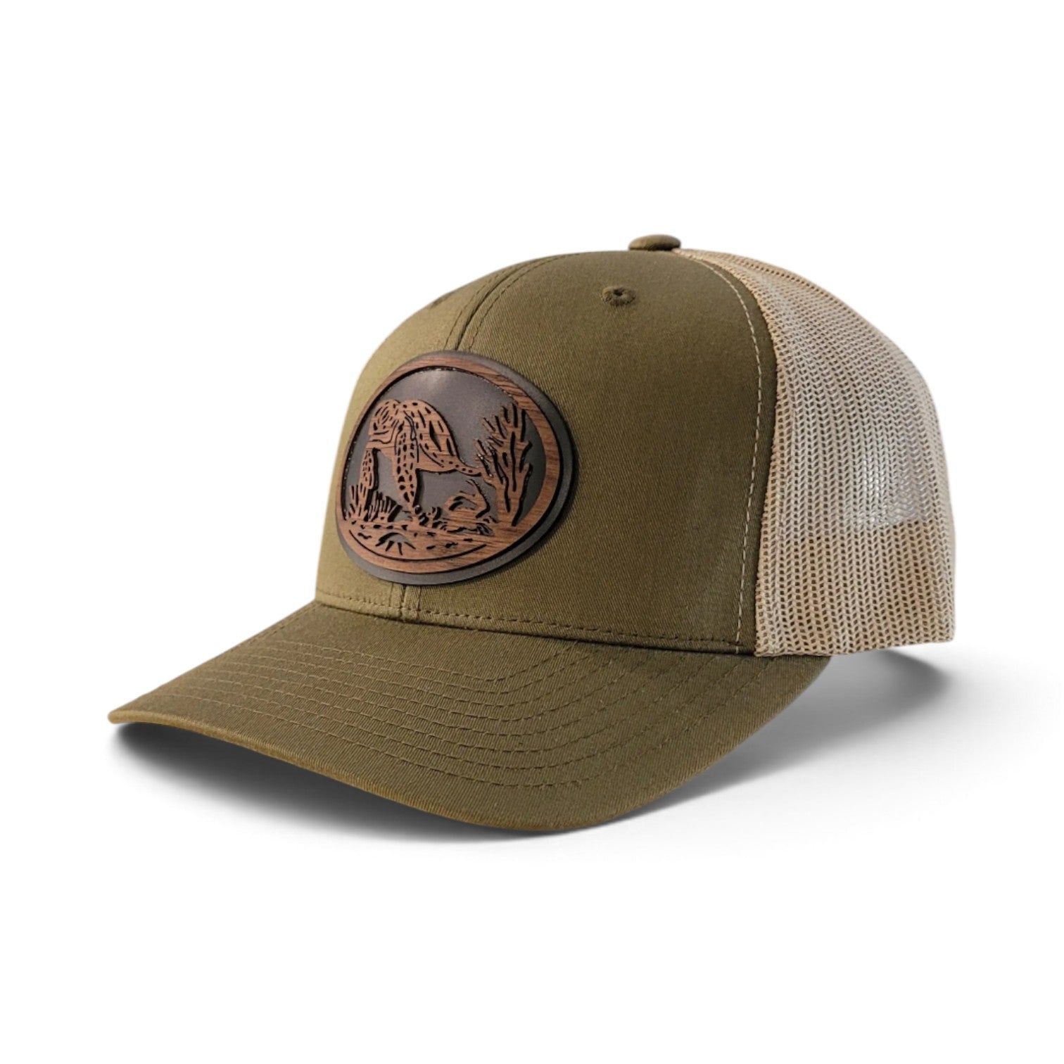 The Shell Seeker | Sea Turtle Wooden Patch Trucker Hat