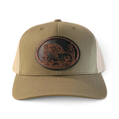 The Shell Seeker | Sea Turtle Wooden Patch Trucker Hat