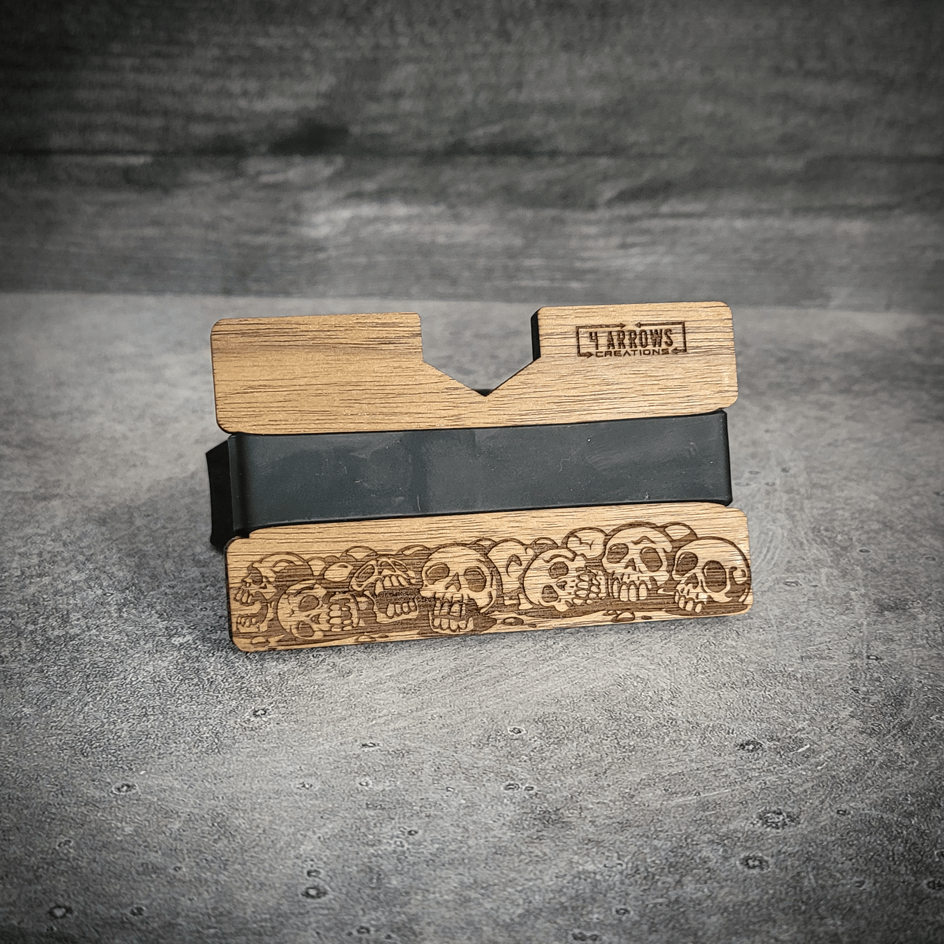 Skull & Timber – Engraved Wooden Wallet - 4 Arrows Creations