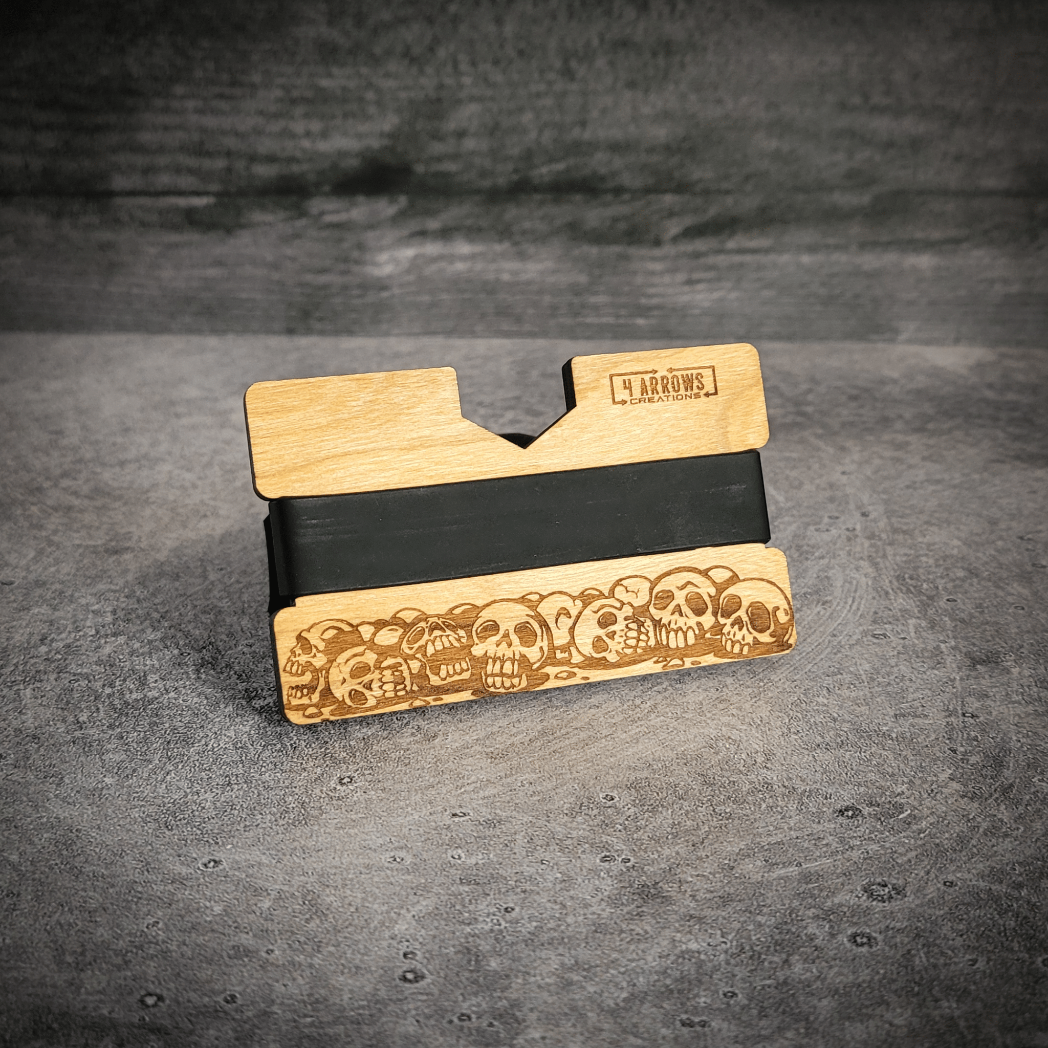 Skull & Timber – Engraved Wooden Wallet - 4 Arrows Creations