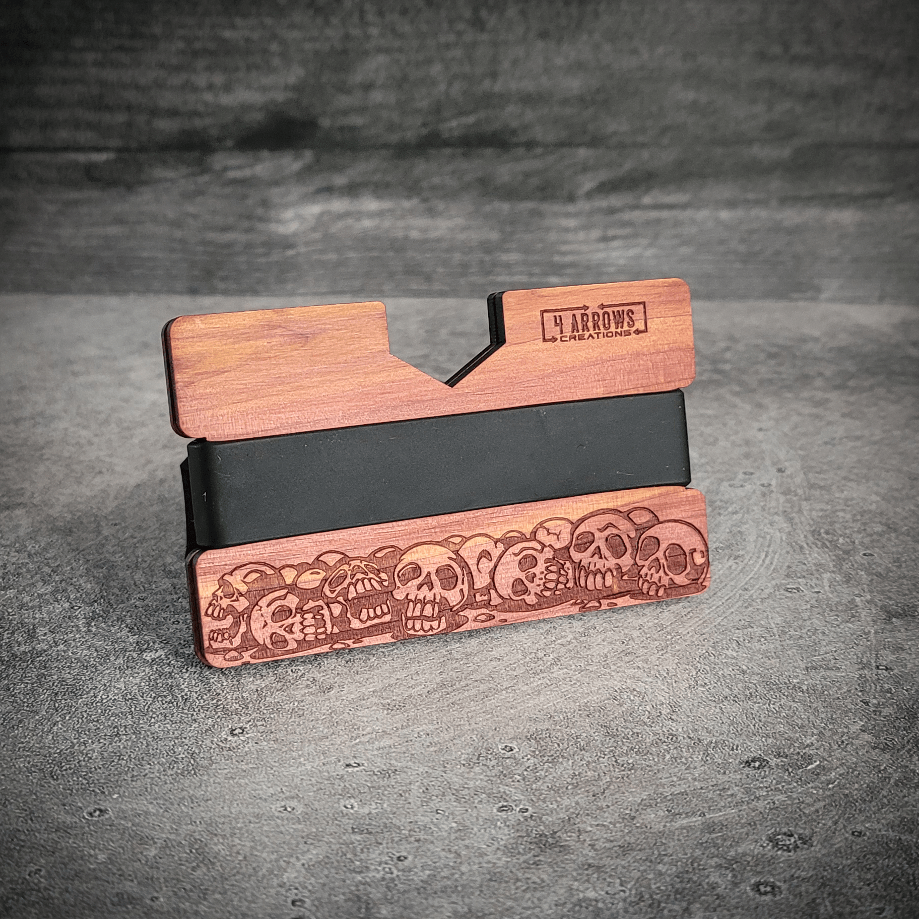 Skull & Timber – Engraved Wooden Wallet - 4 Arrows Creations
